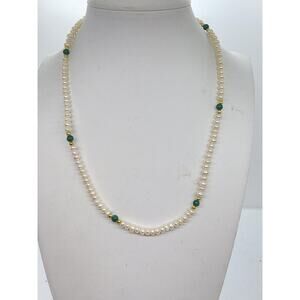 Vintage Genuine Pearl & Nephrite Jade Bead Necklace Gold Plate Accent Beads